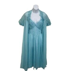 Vintage Vanity Fair Peignoir Nightgown and Robe Sheer Set, Blue Size 34 Coquette